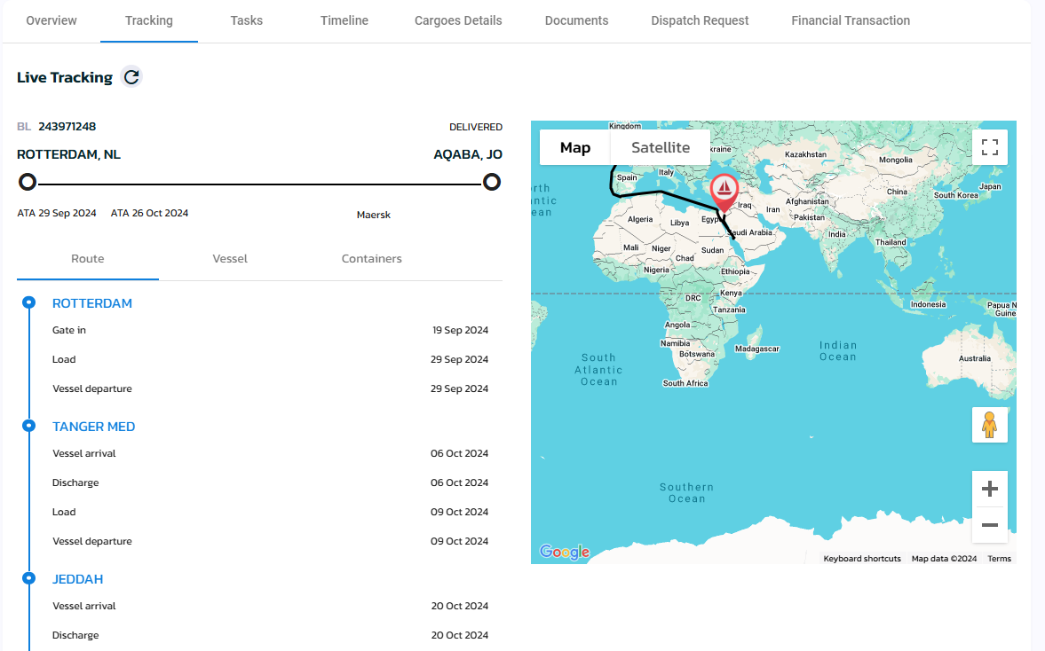 Arqflow Live Track - Real-time ocean shipment tracking interface showing route from Rotterdam to Aqaba with vessel timeline and map view